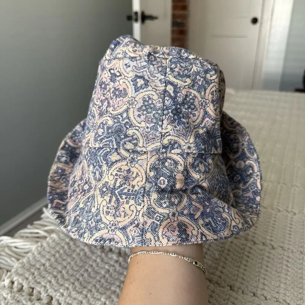 VTG 1990s Children’s Pastel Soft Denim Paisley Bucket Hat With Bow Pink Blue